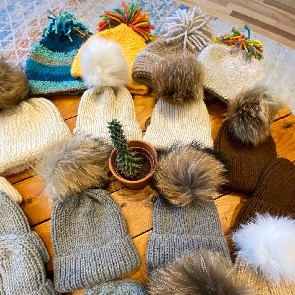 Hand made hate with real fox fur Pom Poms